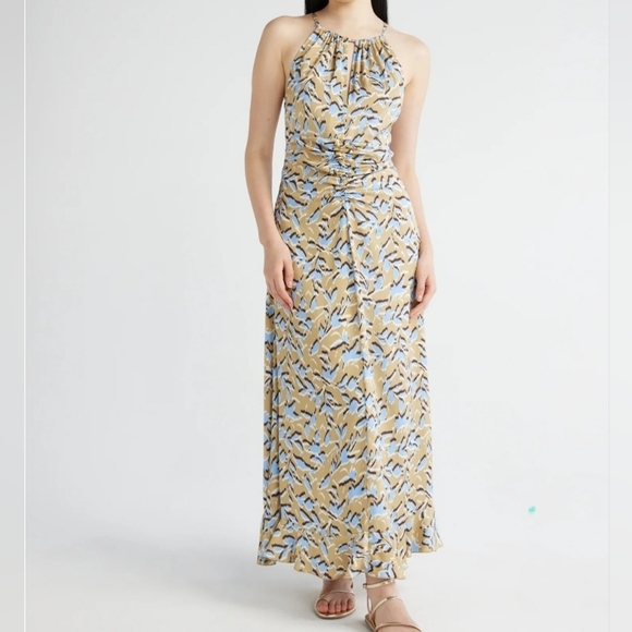 Elegant Patterned Maxi Dress in Blue and Tan - Picture 1 of 6